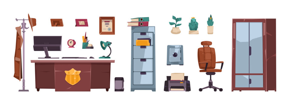 Detective office set. Police department interior elements, investigator workplace elements desk clue board with evidence flat style. Vector cartoon collection