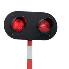 Rail traffic lights, railroad crossing with warning sign and lights wit. Red colo, transparent PNG...
