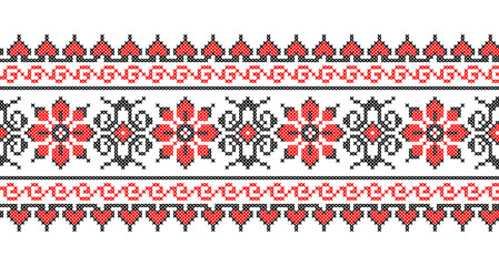 Ukrainian vyshyvanka pattern. Vector floral ornament, border. Ukrainian folk, ethnic, traditional embroidery. Pattern in red and black colors. Pixel art, cross stitch