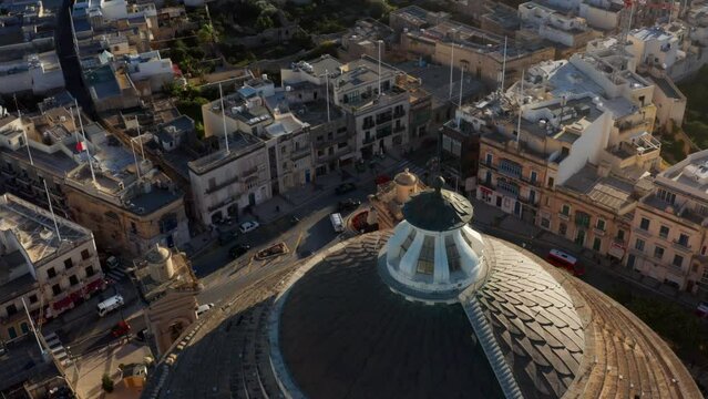 Aerial Revealed Dome Of The Neoclassical Roman Catholic Sanctuary Of Mosta Rotunda In Mosta, Malta.