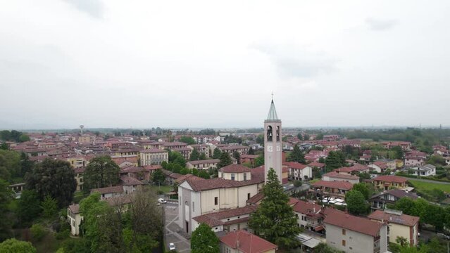 Establisher aerial of Capriate San Gervasio town with view of Church tower