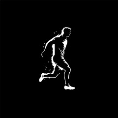 Fototapeta na wymiar Minimalistic logo template, white icon of football player silhouette on black background, modern logotype concept for business identity, t-shirts print, tattoo. Vector illustration