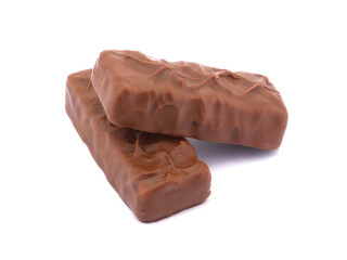 Chocolate bar isolated on white background. Delicious chocolate and caramel bar.