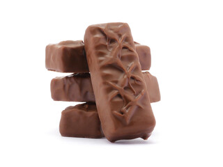 Chocolate bar isolated on white background. Delicious chocolate and caramel bar.