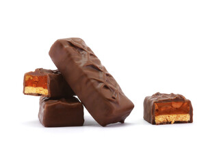 Chocolate bar isolated on white background. Delicious chocolate and caramel bar.