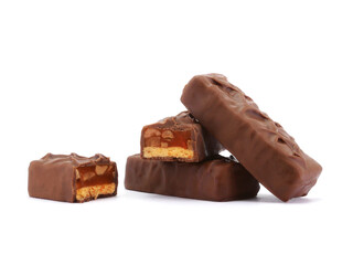Chocolate bar isolated on white background. Delicious chocolate and caramel bar.