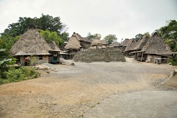 The traditional Bena Village on Flores, in the foreground a stone wall, behind it several cone-shaped thatched huts, in the background trees.