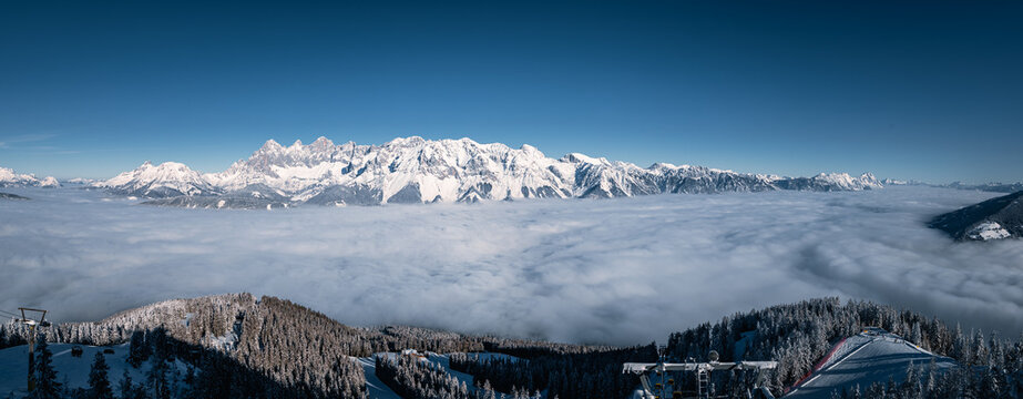 Panorama of the alps made from schladming in winter on a sunny day