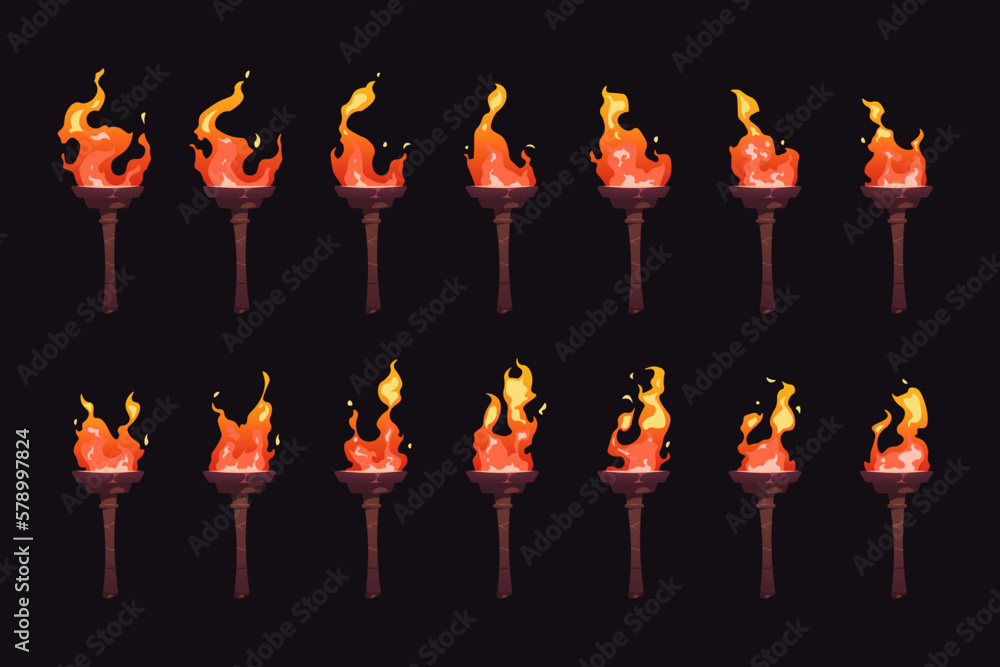 Poster torch burning sequence. sprite animation frame set, cartoon medieval fire blaze icons for game asset