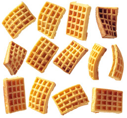 Set of Belgian curved waffles isolated on a white background.