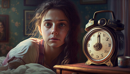 Chica junto a un reloj despertador en primer plano en su habitación , concepto de insomnio, generado con IA. - obrazy, fototapety, plakaty