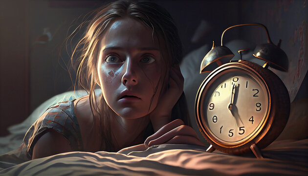 Chica junto a un reloj despertador en primer plano en su habitación , concepto de insomnio, generado con IA.