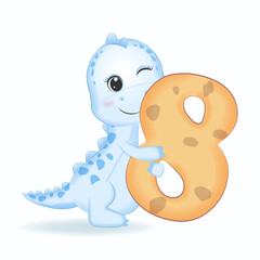 Cute Blue Dinosaur with number 8, cartoon illustration