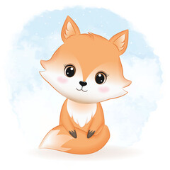 Cute fox hand drawn cartoon illustration watercolor background