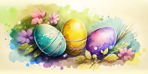 Watercolor easter concept - colorful eggs for festive designs - generative ai