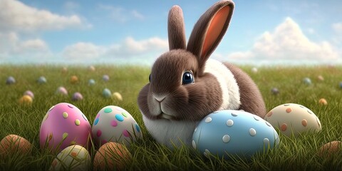 Cute brown easter bunny with big eyes within so much easter eggs with colorful dots and a bueatiful blue sky - generative AI