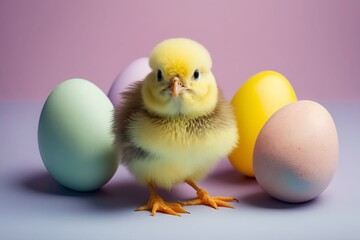 Cute little fluffy baby chicken sits in front of 4 pastel easter eggs - generative AI