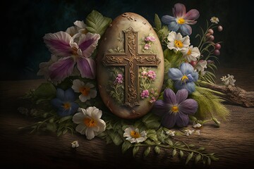 Stone easter egg with a cross decorated with flowers - generative AI