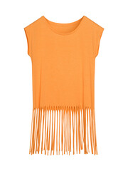 Orange blank boho style summer t-shirt with long fringes isolated on white
