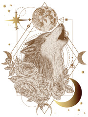 Vector mystical illustration of a wolf in the colors of roses on the background of the moon, stars and ornaments