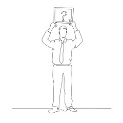 Businessman standing with a question board, drawing continuous line 