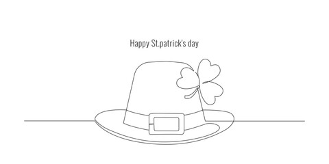 One line drawing. Continuous line art. Leprechaun hat with clover leaf. Hand drawn minimalistic design for simple logo, icon or emblem for St. Patrick Day. Editable stroke.