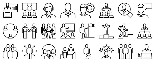 Line icons about business people on transparent background with editable stroke. - 578999293