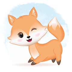 Cute fox hand drawn cartoon illustration watercolor background