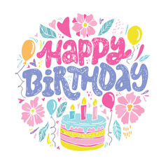 Happy birthday label. Cute hand drawn doodle lettering postcard. Lettering for t-shirt design, mug print, invitation.