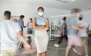 Covid, busy office and business woman in portrait for policy, compliance and risk management with startup productivity. Health, safety staff and Human Resources black woman in corona virus face mask - obrazy, fototapety, plakaty