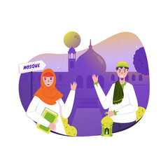 Muslim couple invites to go to mosque flat illustration