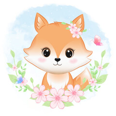 Cute fox and flower frame hand drawn cartoon illustration watercolor background