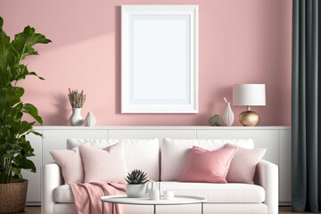 Fototapeta na wymiar Living room with empty blank picture frame mockup in scandinavian style on pink wall. Generative ai interior concept