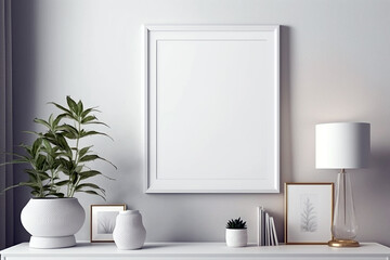 Living room with empty blank picture frame mockup in scandinavian style on white wall. Generative ai interior concept