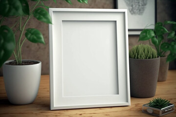 Empty blank picture frame mockup on wooden floor. Generative ai interior concept