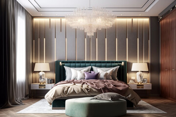 Luxury and modern bedroom with beautiful lamp and wall decoration. Generative AI interior design
