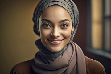 Portrait of beautiful Arab woman smiling looking at the camera indoors . IA Generative