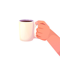 Hand holding cup of coffee in cartoon style isolated on white background. Arm with mug, hot beverage