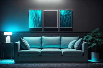 Stylish and modern blue living room with modern sofa and ornaments. Generative ai interior design