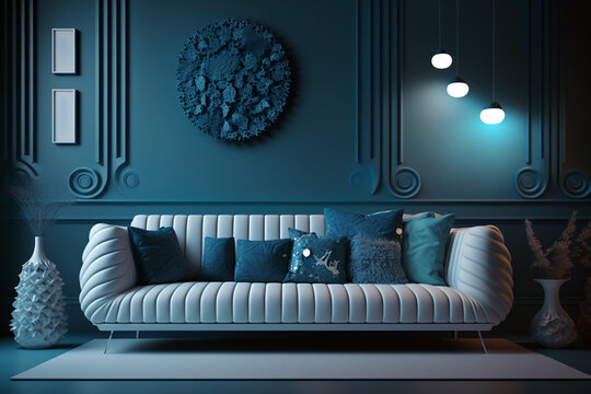 Stylish and modern blue interior with modern European sofa. Generative ai interior design