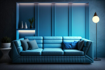 Modern blue living room with modern sofa and ornaments. Generative ai interior design