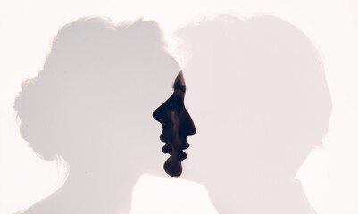Pair couple man and woman profile portrait face to face. Family psychologist and healthy...