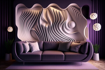 Beautiful, stylish and modern purple living room with modern sofa and ornaments on the wall. Generative ai illustration