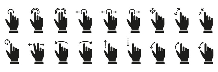 Pointer Gesture Slide Left and Right Black Solid Pictogram. Hand Finger Touch, Swipe and Drag Silhouette Icon Set. Pinch Screen, Rotate Up Down on Screen Glyph Icons. Isolated Vector Illustration