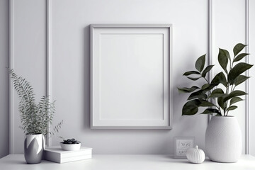 Empty blank picture frame mockup in scandinavian style on white wall. Generative ai interior concept