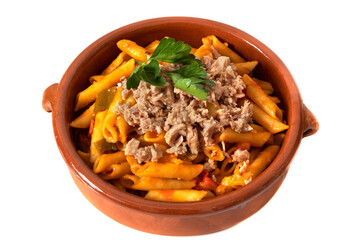 Macaroni pasta with tuna in tomato sauce, served in a clay bowl. Isolated on a white background. Italian food concept.