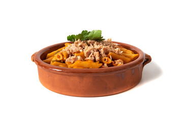 Macaroni pasta with tuna in tomato sauce, served in a clay bowl. Isolated on a white background. Italian food concept.