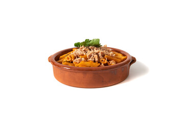 Macaroni pasta with tuna in tomato sauce, served in a clay bowl. Isolated on a white background. Italian food concept.