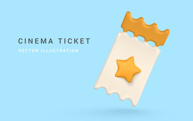 3d realistic cinema ticket in plastic cartoon style. Vector illustration