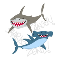 Illustration of a tiger shark and a hammer shark on a handmade text, Danger shark zone, Vector Illustration
